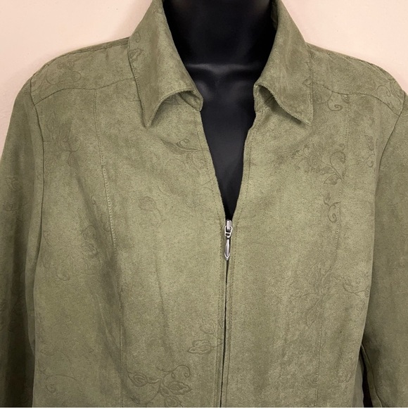 Petite Medium Croft And Barrow Green Blazer Jacket Floral Print Zip Closure - Picture 4 of 16